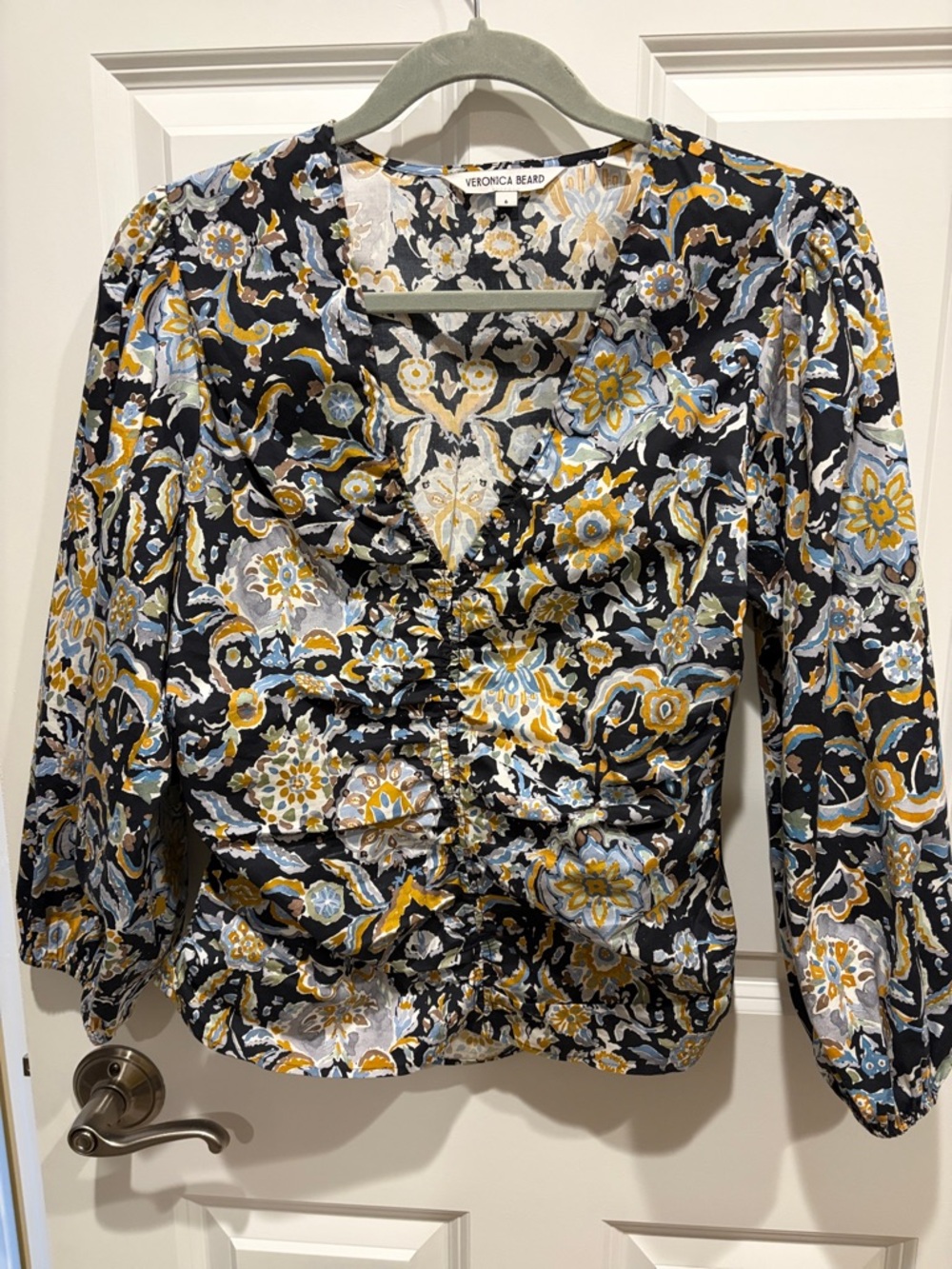 Veronica Beard Black Floral Ruched V-Neck Top with Yellow & Light Blue Accents